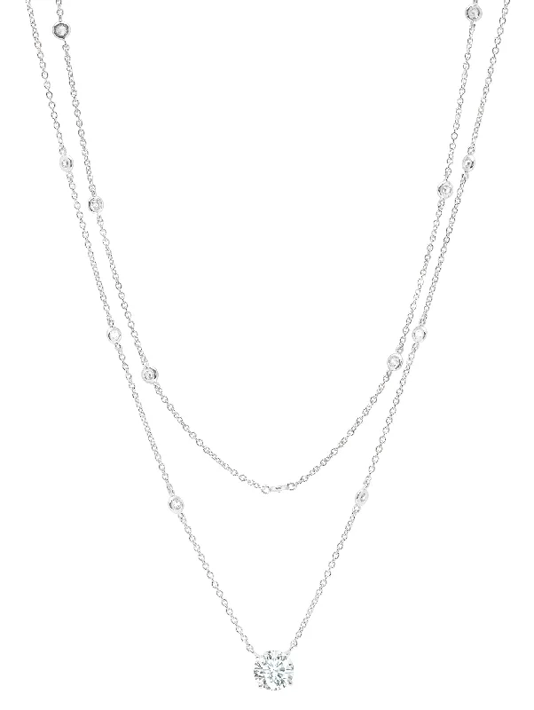 Solitaire Double Layered Necklace Finished in Pure Platinum