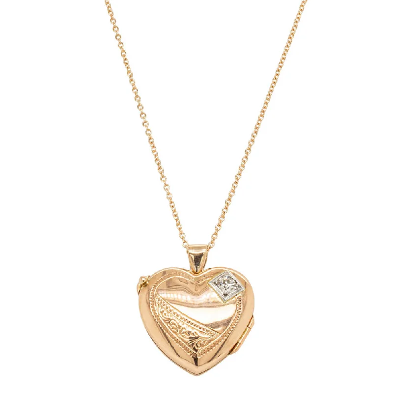 Vintage 9ct Yellow Gold Diamond Engraved Heart Locket