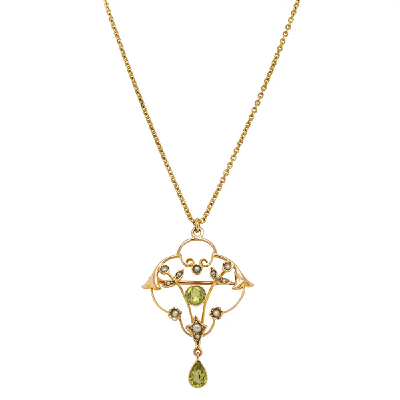 Vintage 9ct Yellow Gold Peridot & Seed Pearl Pendant