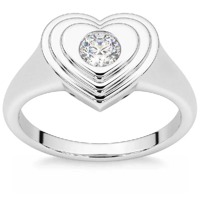 1/4Ct Diamond Solitaire Women's Sweetheart Signet Heart Ring Gold Lab Grown