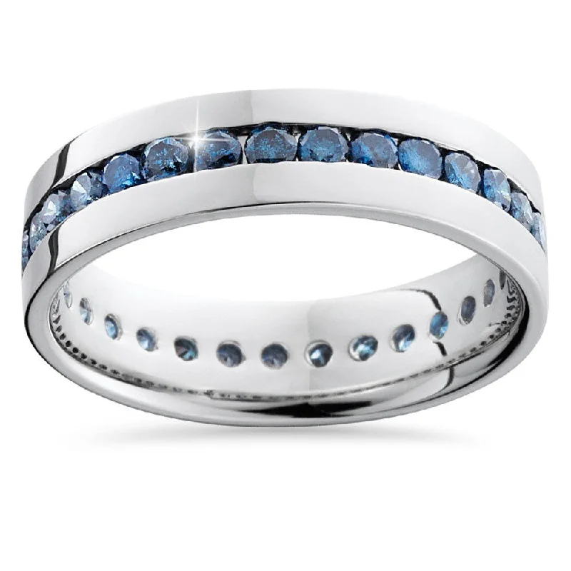 14k White Gold 1 1/4ct Channel Set Blue Diamond Men's Band