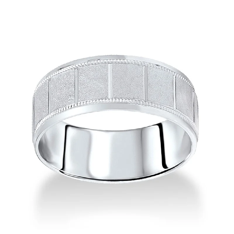 14k White Gold Men's 8 mm Satin Finish Milgrain Wedding Band