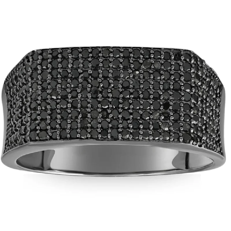 1Ct Black Diamond Men's Black Gold Pave Wedding Ring