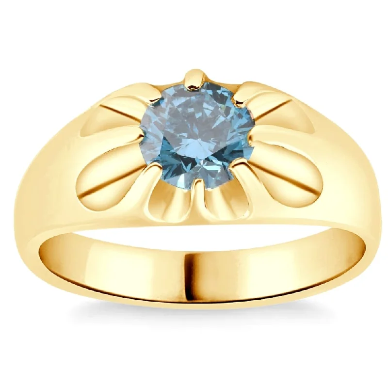 2Ct Blue Diamond Men's Belcher Solitaire Ring Gold High Polished Lab Grown