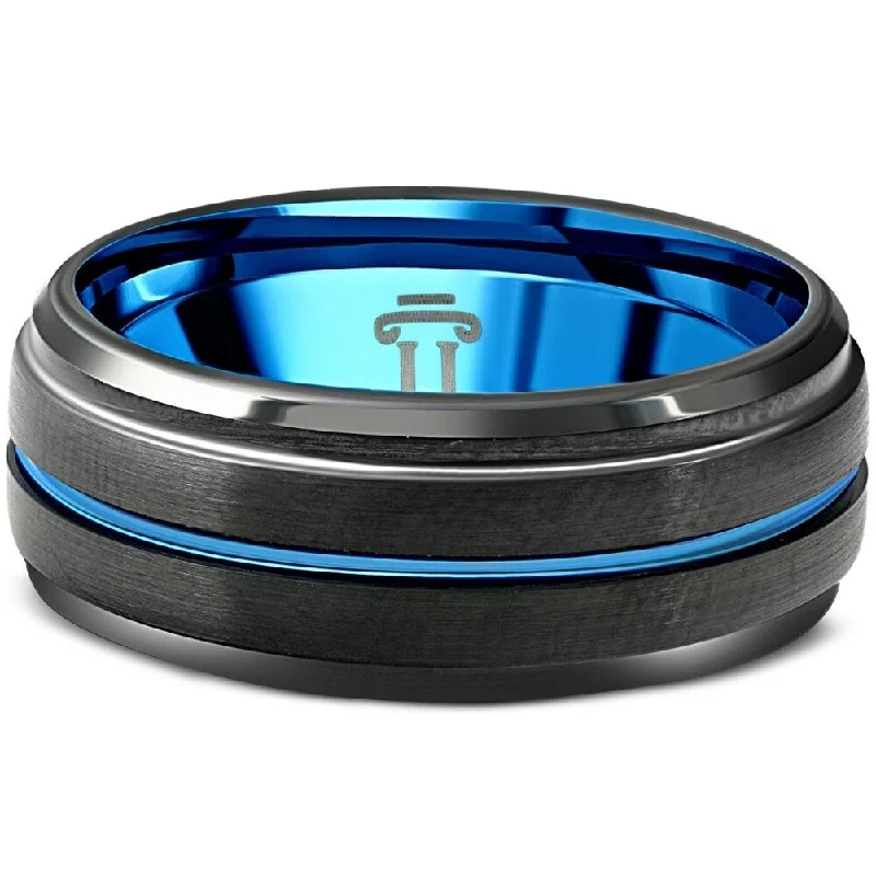 Men's Black & Blue Tungsten Ring Brushed Beveled Step Cut Wedding Band