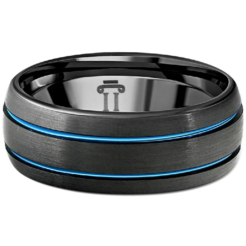 Men's Black & Blue Two Line Tungsten Ring Brushed Ring 8mm Wedding Band