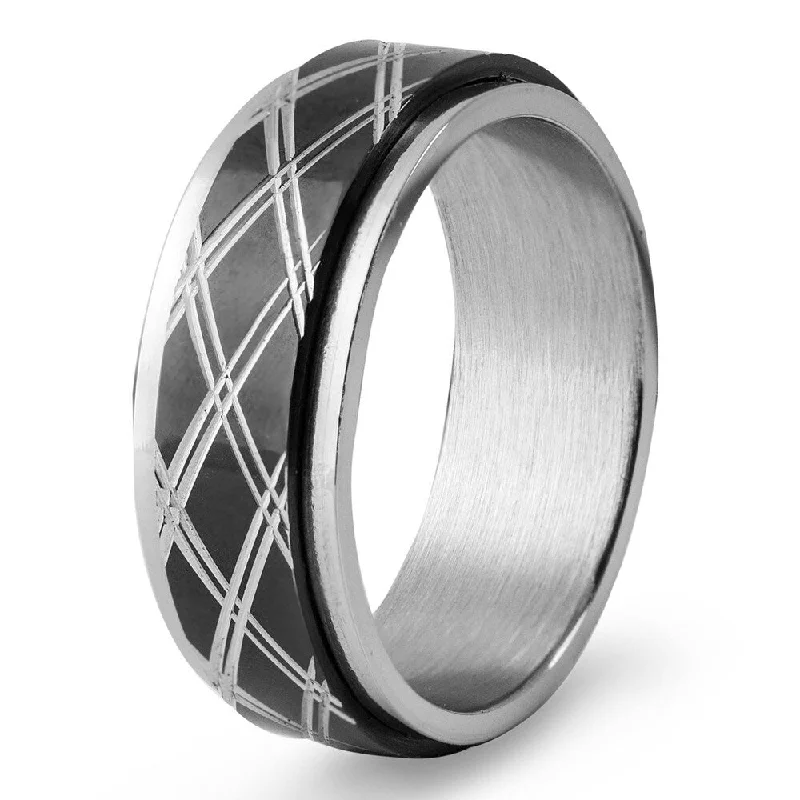 Men's Black Plated Stainless Steel Diamond Pattern Spinner Ring