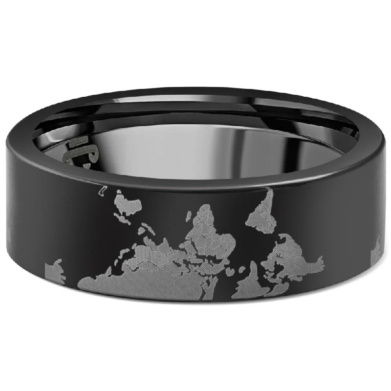 Men's Black Tungsten Lasered World 8mm Flat Ring Wedding Band