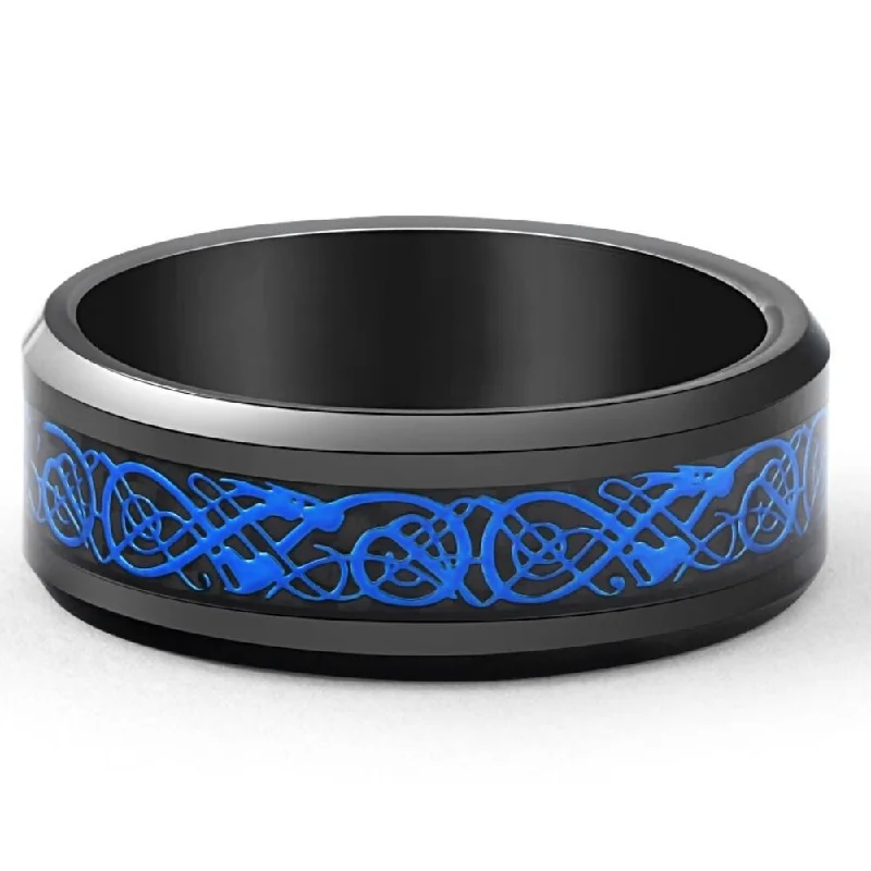 Men's Blue Dragon Black Tungsten Ring 8mm Wedding Band