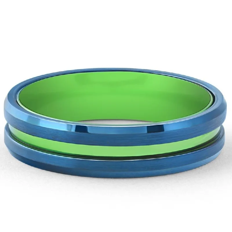 Men's Brushed Blue Tungsten Green Aluminum Ring 6mm Wedding Band