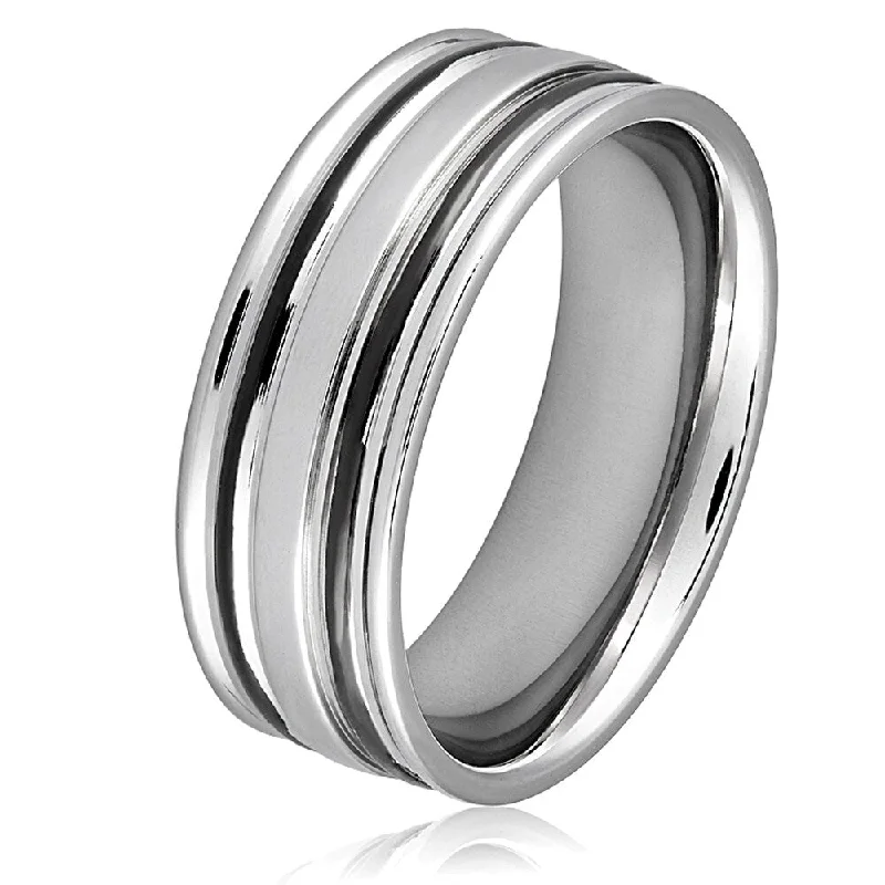 Men's Stainless Steel Black Plated Grooved Ring - White