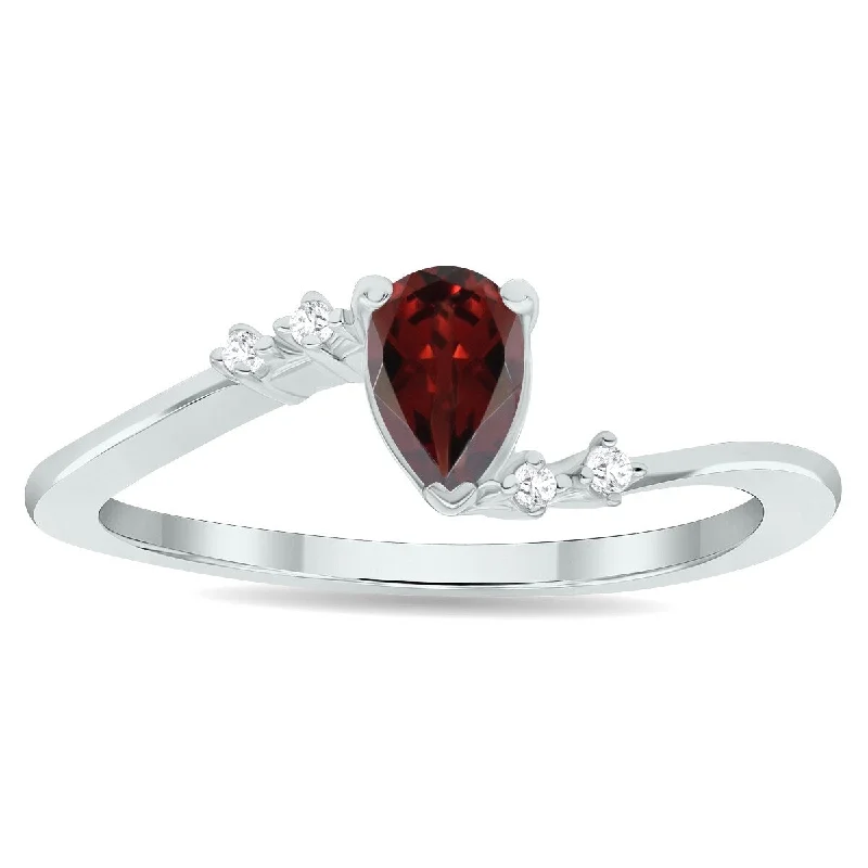 Women's Garnet and Diamond Wave Ring in 10K White Gold