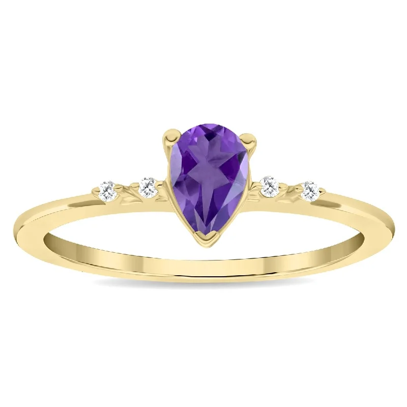 Women's Pear Shaped Amethyst and Diamond Sparkle Ring in 10K Yellow Gold