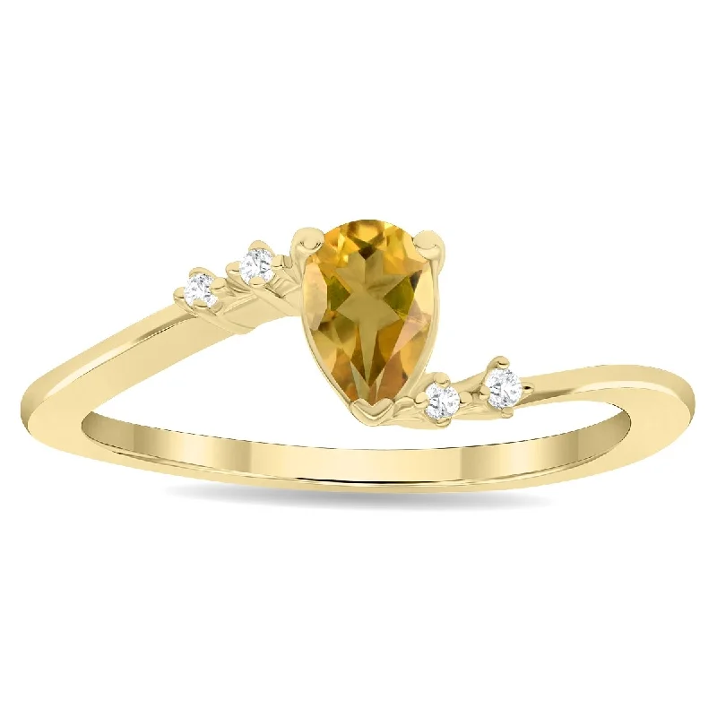 Women's Pear Shaped Citrine and Diamond Wave Ring in 10K Yellow Gold