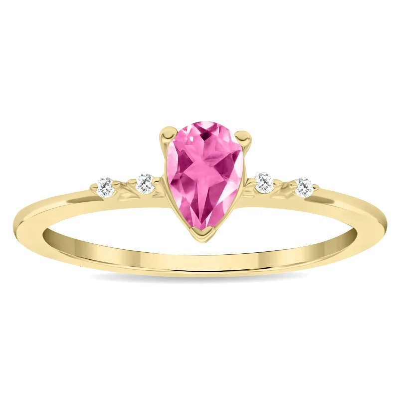 Women's Pear Shaped Pink Topaz and Diamond Sparkle Ring in 10K Yellow Gold