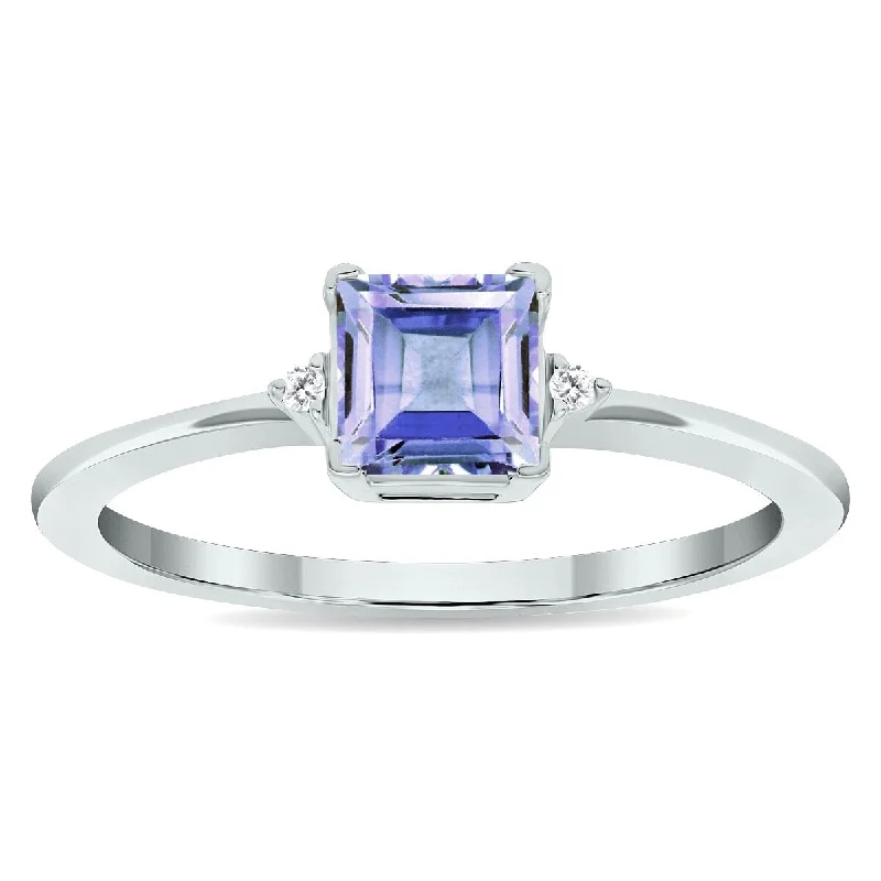 Women's Princess Cut Tanzanite and Diamond Classic Band in 10K White Gold