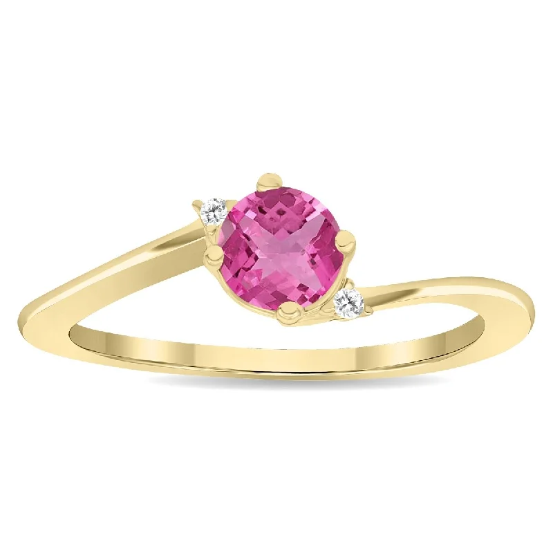 Women's Round Shaped Pink Topaz and Diamond Wave Ring in 10K Yellow Gold