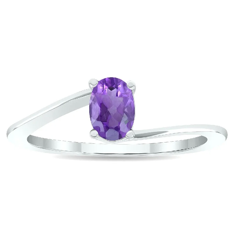 Women's Solitaire Amethyst Wave Ring in 10K White Gold