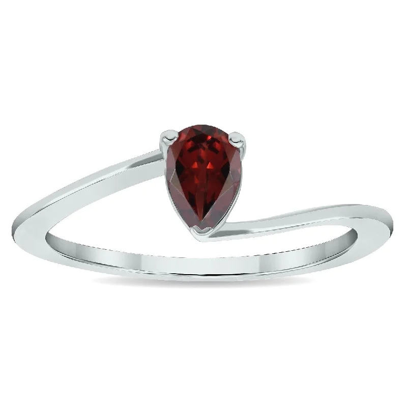 Women's Solitaire Garnet Wave Ring in 10K White Gold