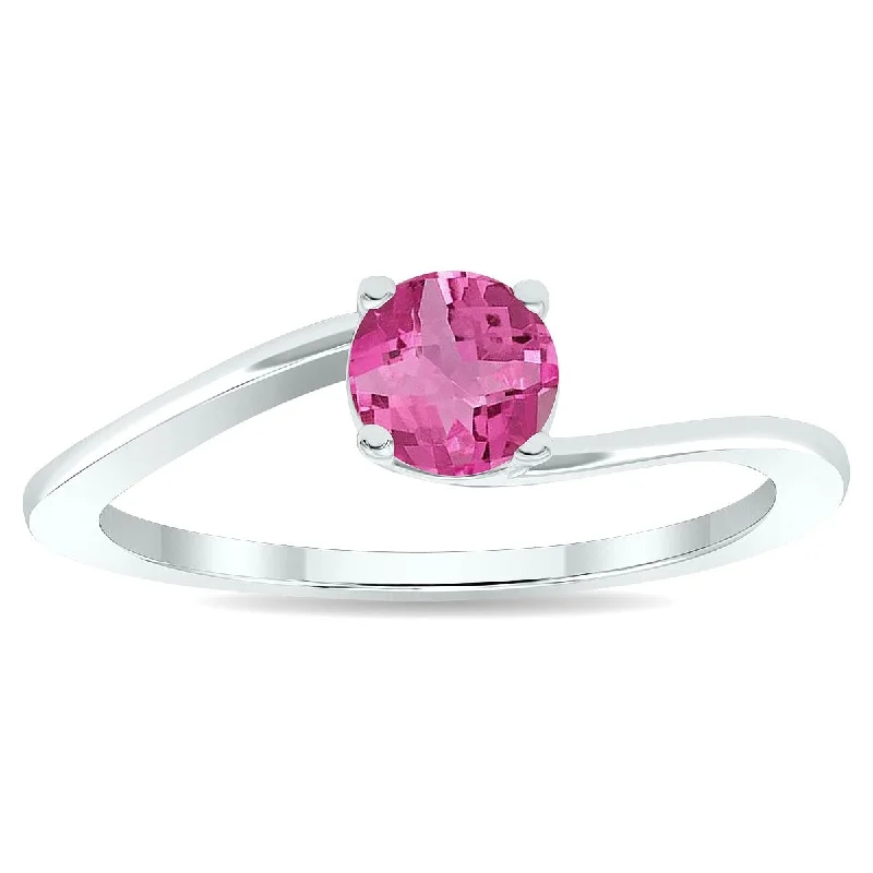 Women's Solitaire Pink Topaz Wave Ring in 10K White Gold