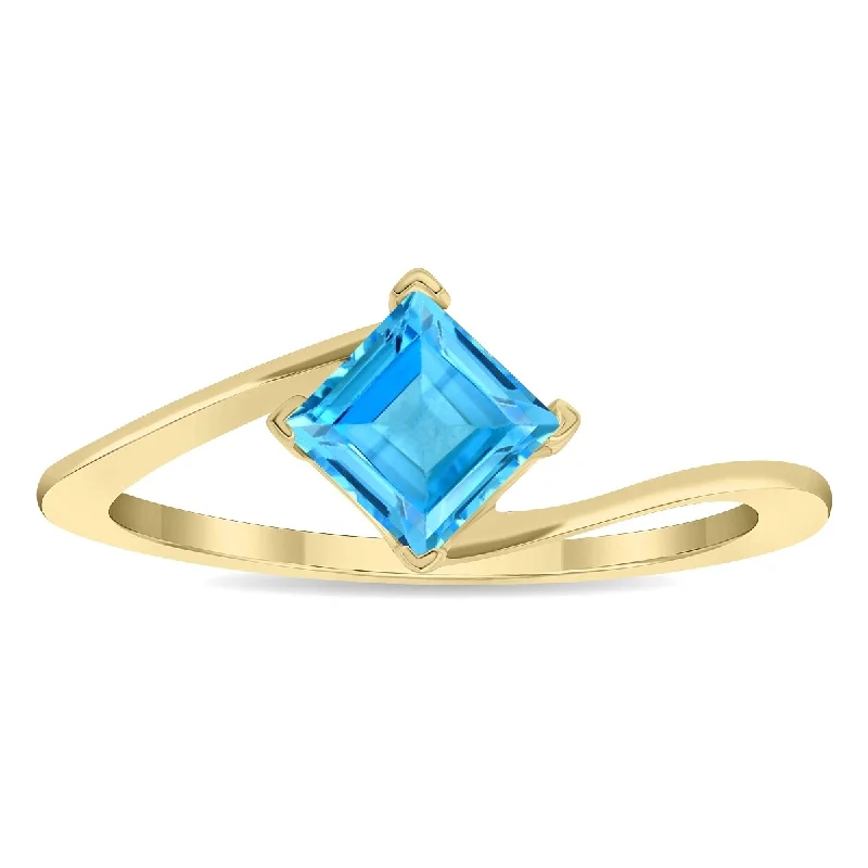 Women's Solitaire Square Shaped Blue Topaz Wave Ring in 10K Yellow Gold