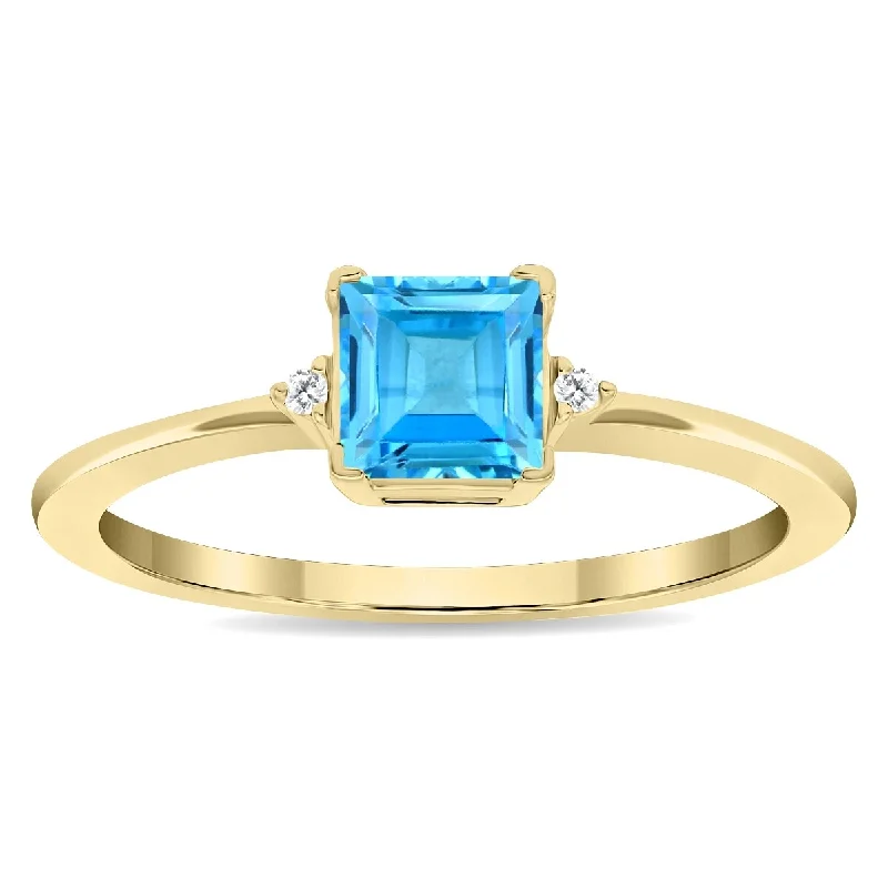 Women's Square Shaped Blue Topaz and Diamond Classic Band in 10K Yellow Gold