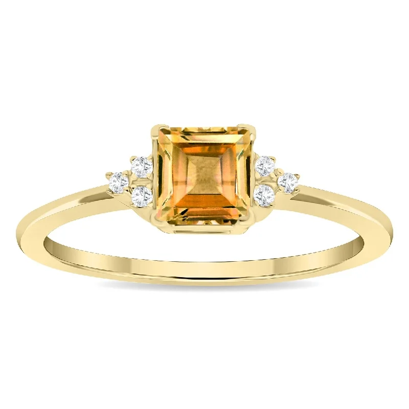 Women's Square Shaped Citrine and Diamond Half Moon Ring in 10K Yellow Gold