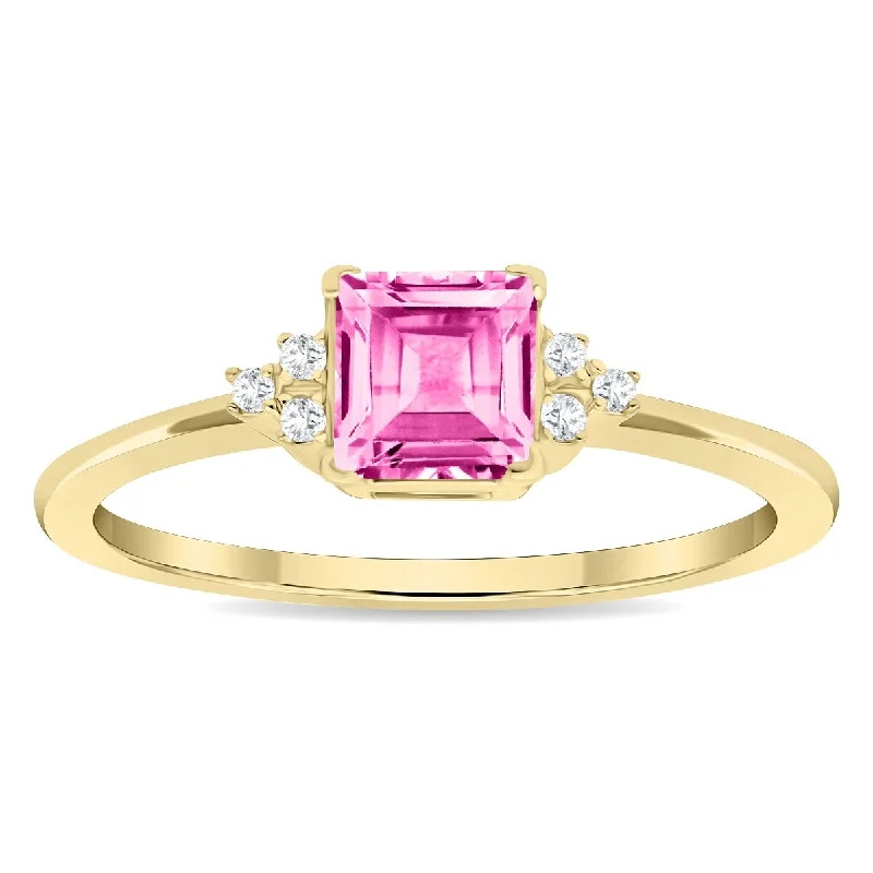 Women's Square Shaped Pink Topaz and Diamond Half Moon Ring in 10K Yellow Gold